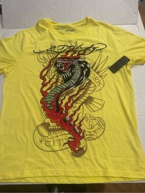 Ed Hardy Neon Yellow Tee with Red & Green Snake Graphic